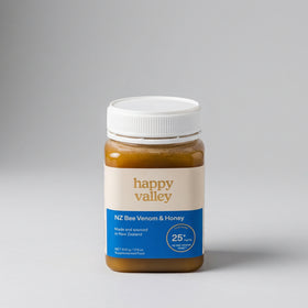 Jar of happy valley NZ Bee Venom & Honey on a white background
