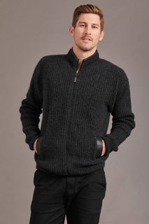 Men Rib Zip Jacket with Leather Trim - McDonald New Zealand