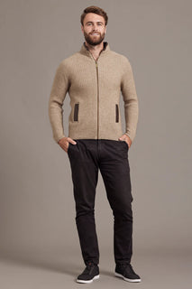 Men Rib Zip Jacket with Leather Trim - McDonald New Zealand