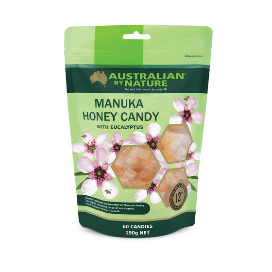 Manuka Honey Candy 12+ [MGO400]  With Eucalyptus - Australian By Nature - 60 Candies/Pack