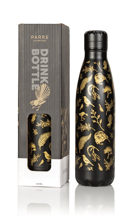 Metal Drink Bottle Black & Gold Birds 500ml - Parrs