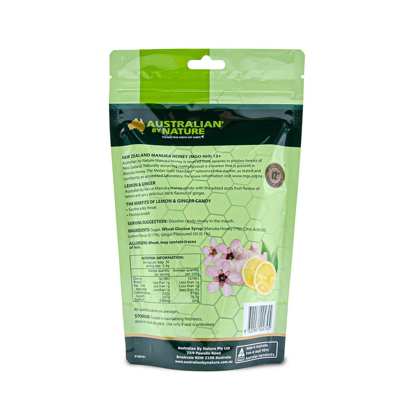 Manuka Honey Candy 12+ [MGO400] with Lemon & Ginger - Australian By Nature - 30 Candies/pack