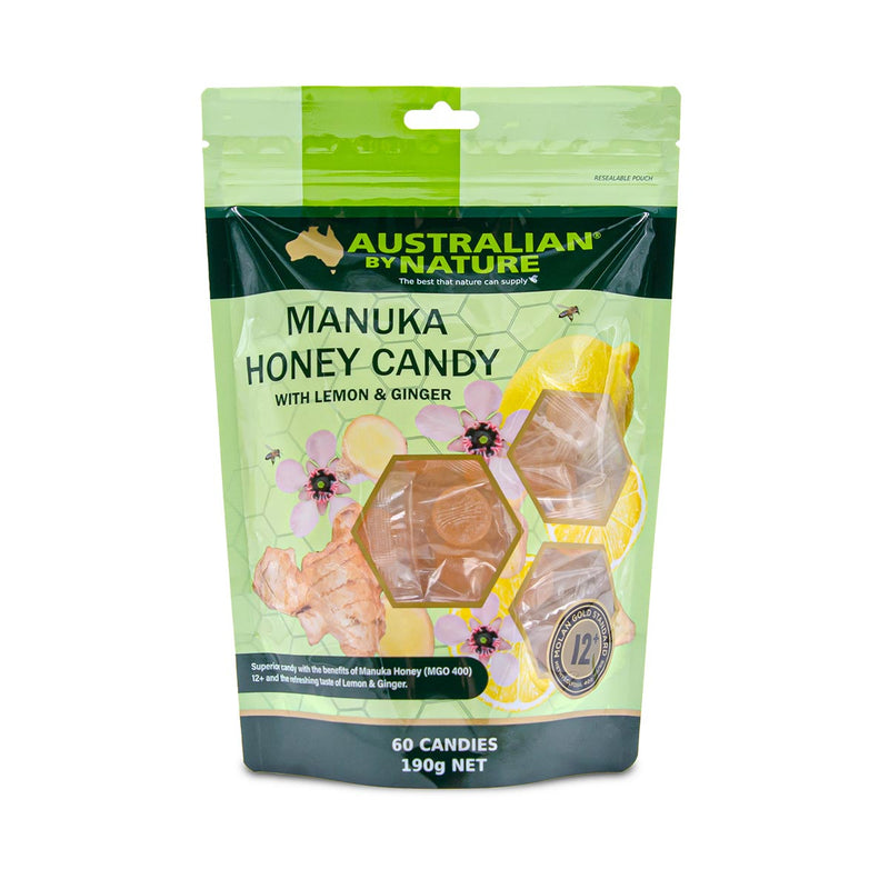 Manuka Honey Candy 12+ [MGO400] with Lemon & Ginger - Australian By Nature - 60 Candies/pack