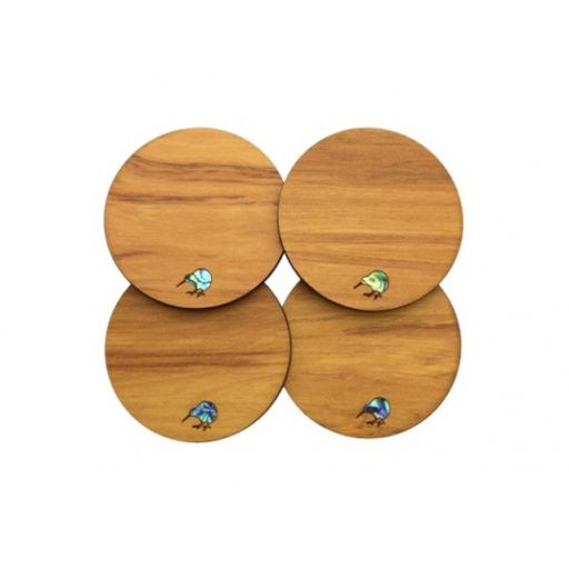 Rimu Wooden Coaster Set - Paua Kiwi Design - Aeon Giftware