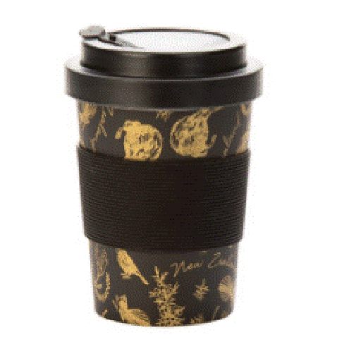 Coffee Cup Bamboo Black & Gold Birds - Parrs -  350ml
