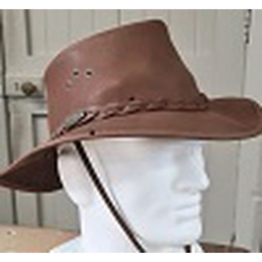Stressed Brown Leather Hat With Wide Brim & Plait - Selke Enterprises